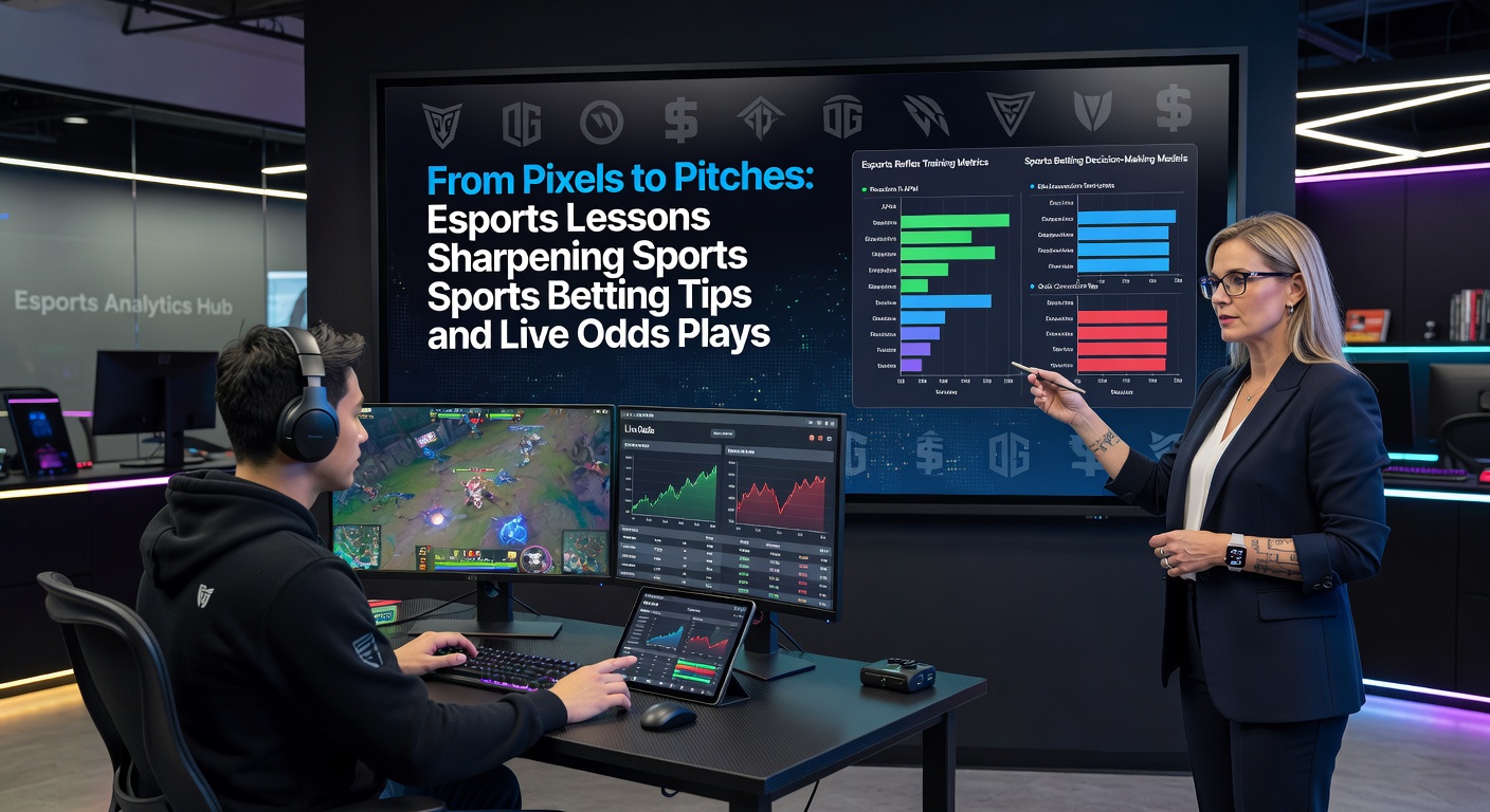 Esports-Spieler in Aktion vor einem Computerbildschirm, neben einem Fußballfeld mit Athleten – Symbol für die Brücke zwischen digitalem Gaming und traditionellem Sport