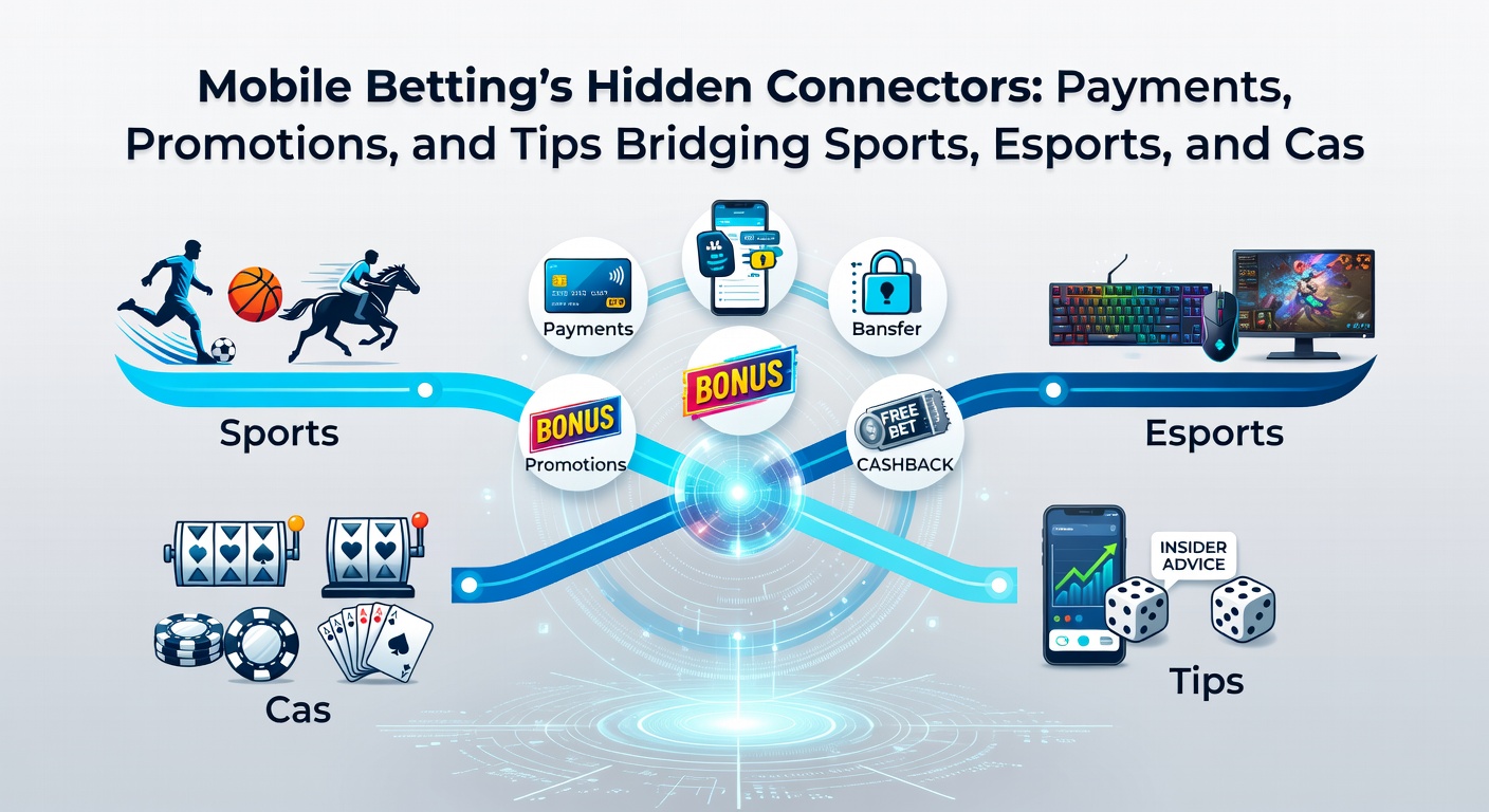 Grafik mit Zahlungspfeilen, Bonus-Icons und Tippsymbolen, die Sport-, Esports- und Casino-Bereiche auf einem Mobilbildschirm verknüpfen